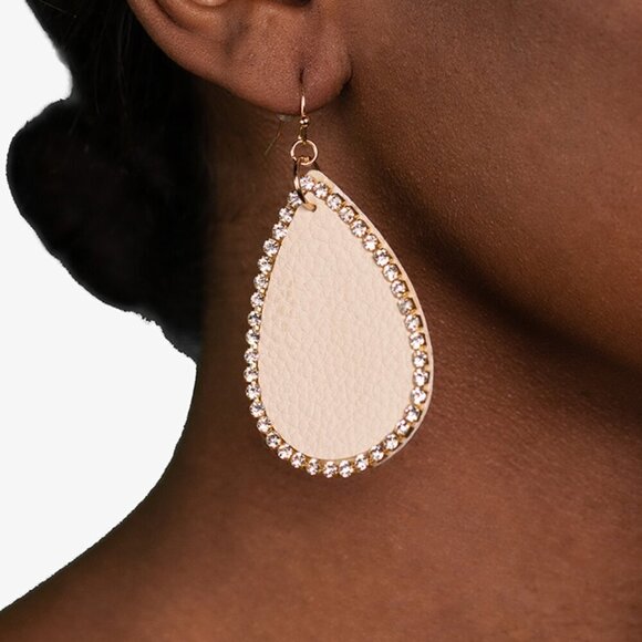 Faux Leather & Rhinestone Teardrop Earrings - Picture 3 of 7